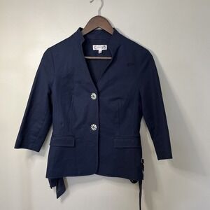 Nanette Lepore Jacket Blazer Navy Blue 3/4 Sleeves Grommet Tie Accent Punk Sz 2